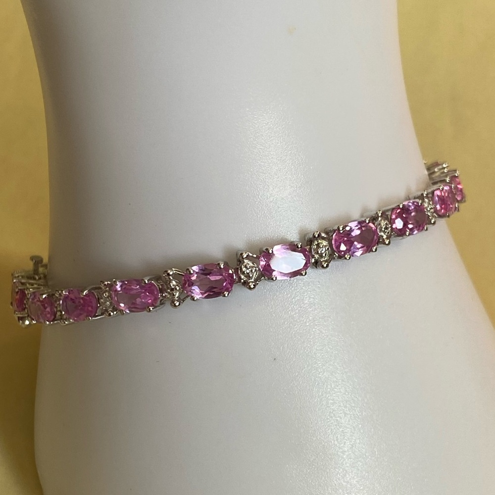 Solid 10K W-Gold Oval Pink Tourmaline 2-Diamonds/Illusions Throughout Tennis - Picture 3 of 9